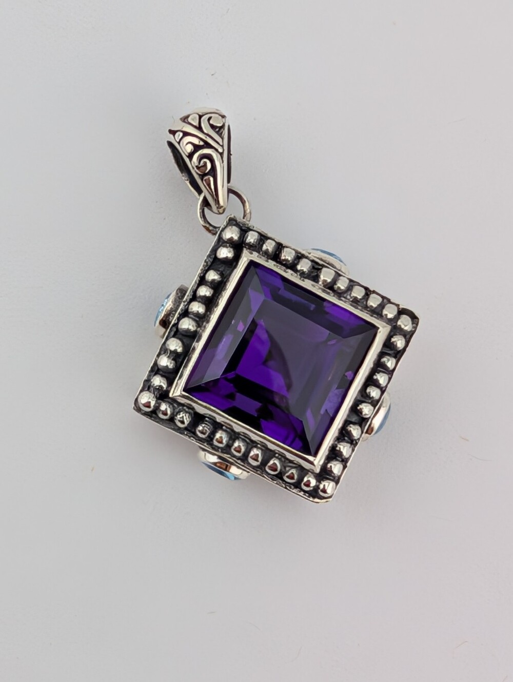 8 Carat Princess Cut Amethyst And Blue Topaz Sterling Silver Pendant Handcrafted - Picture 9 of 9